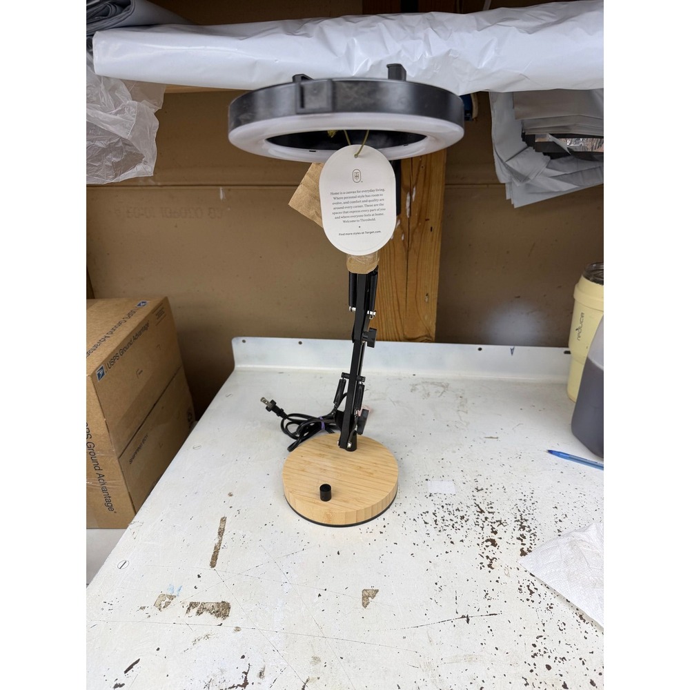 Threshold LED Ring Light Task Lamp Adjustable Swing Arm Phone Clip Black Wood